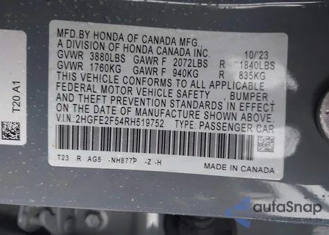 2024 Honda Civic Sport from USA, damaged, VIN 2HGFE2F54RH519752